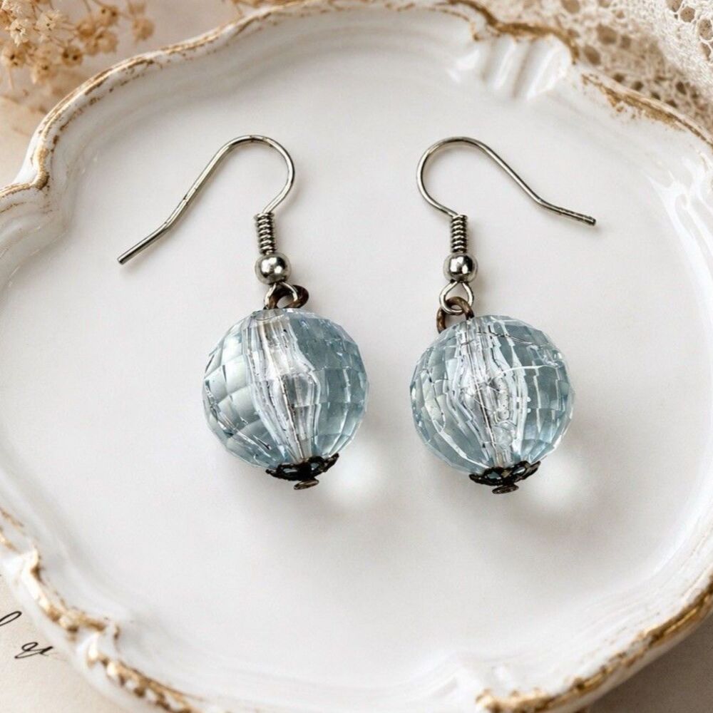 Vintage 1960s Silver Tone Faceted Clear Bead Dangle Drop Earrings French Hook